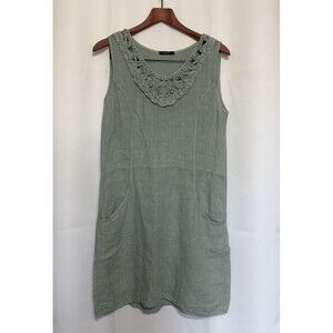 Lungo L'Arno Linen Dress Size Large Floral Rosette Light Green Teal Italy Medium